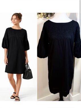 Lauren Ralph Lauren Black Embroidered Cotton Balloon Sleeve Shift Dress Sz 2💛